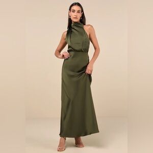 Lulus Distinctive Charm Olive Green Satin
Asymmetrical Maxi Dress